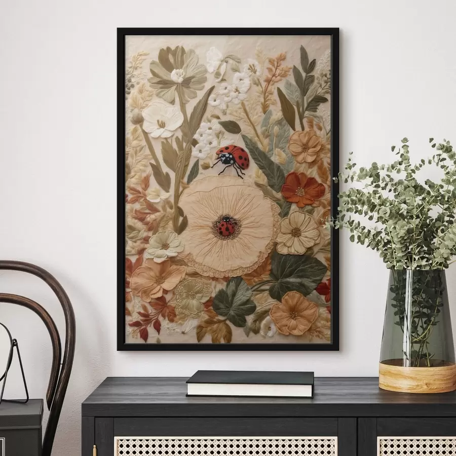 Fotobehang Twee lieveheersbeestjes tussen zachte bloemen f47758