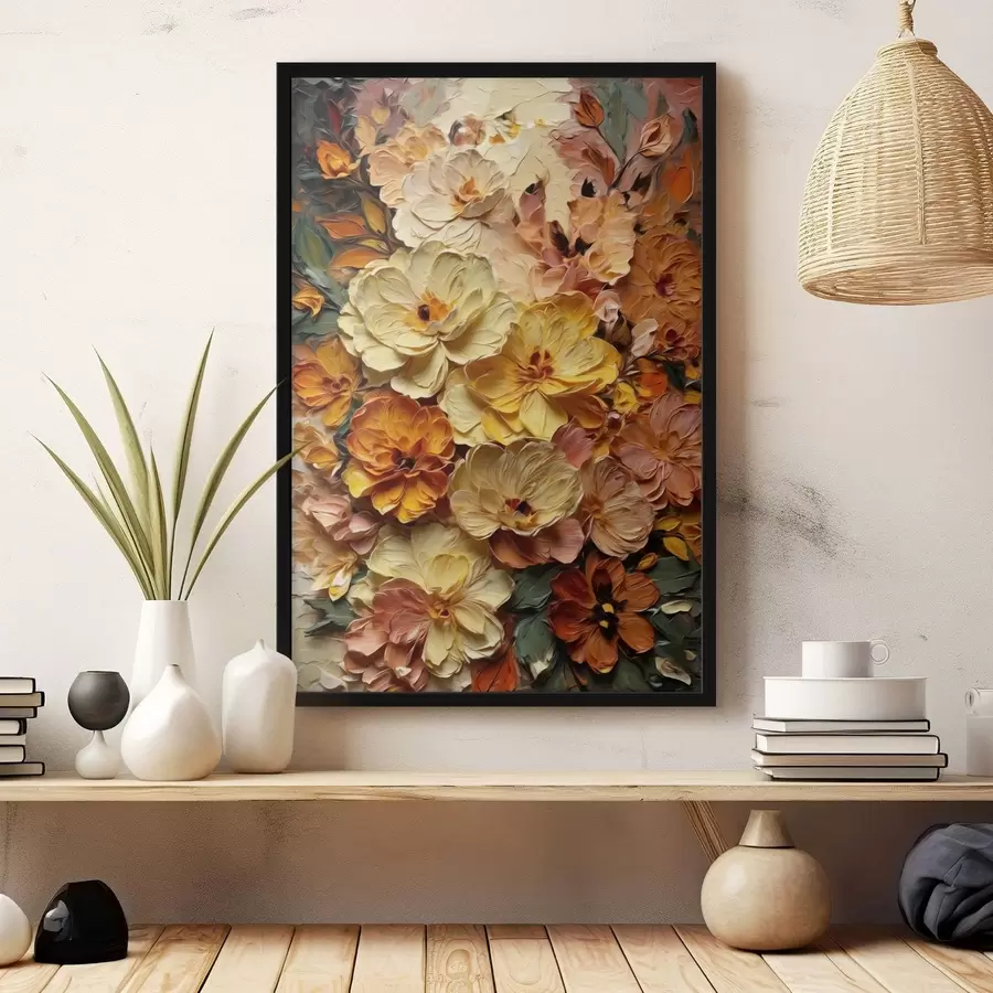 Fotobehang Weelderige compositie van levendige bloemen in warme tinten f47760