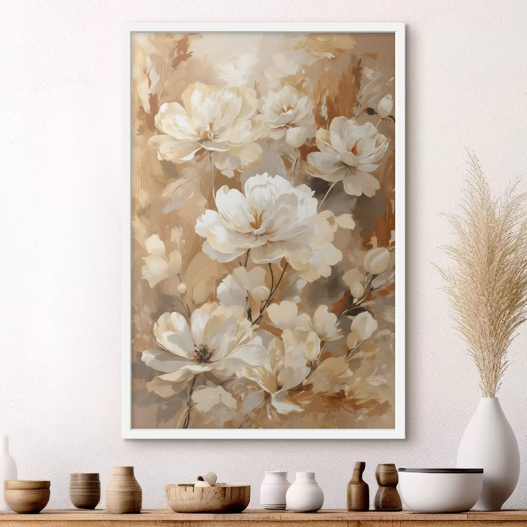 Fotobehang Grote lichte bloemen geschilderd met brede penseelstreken f47761