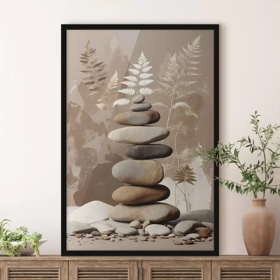 Fotobehang Stapel gladde stenen met een botanische achtergrond f47764