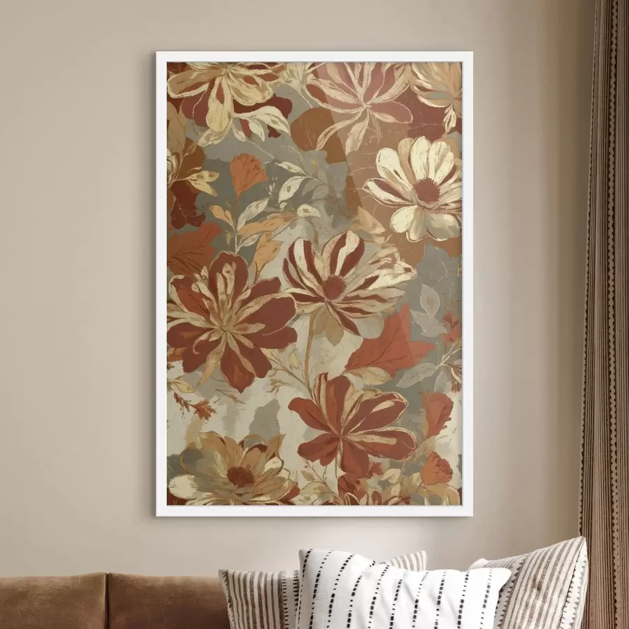 Fotobehang Bloemenpatroon in warme roest- en crèmekleuren f47770