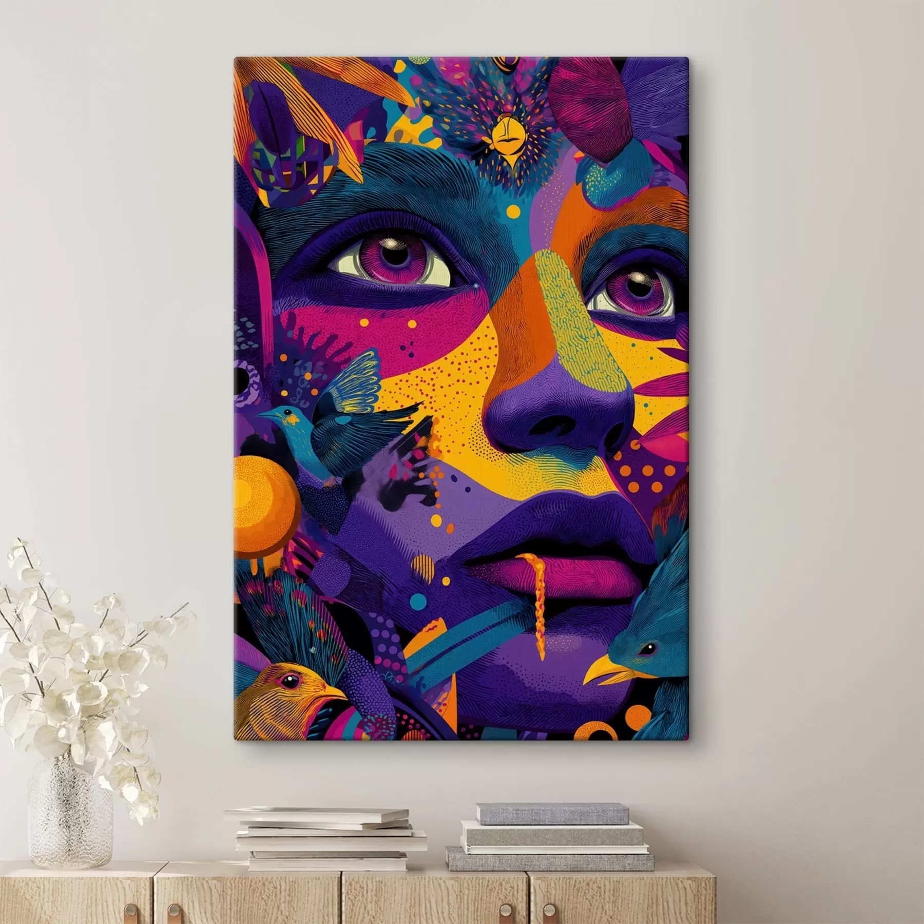  Schilderijen Psychedelisch portret met vogels s47790