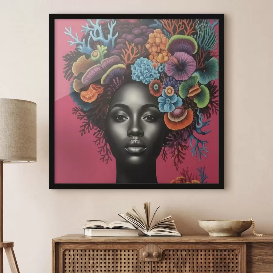 Fotobehang Psychedelisch portret van een vrouw met paddenstoelen f47786