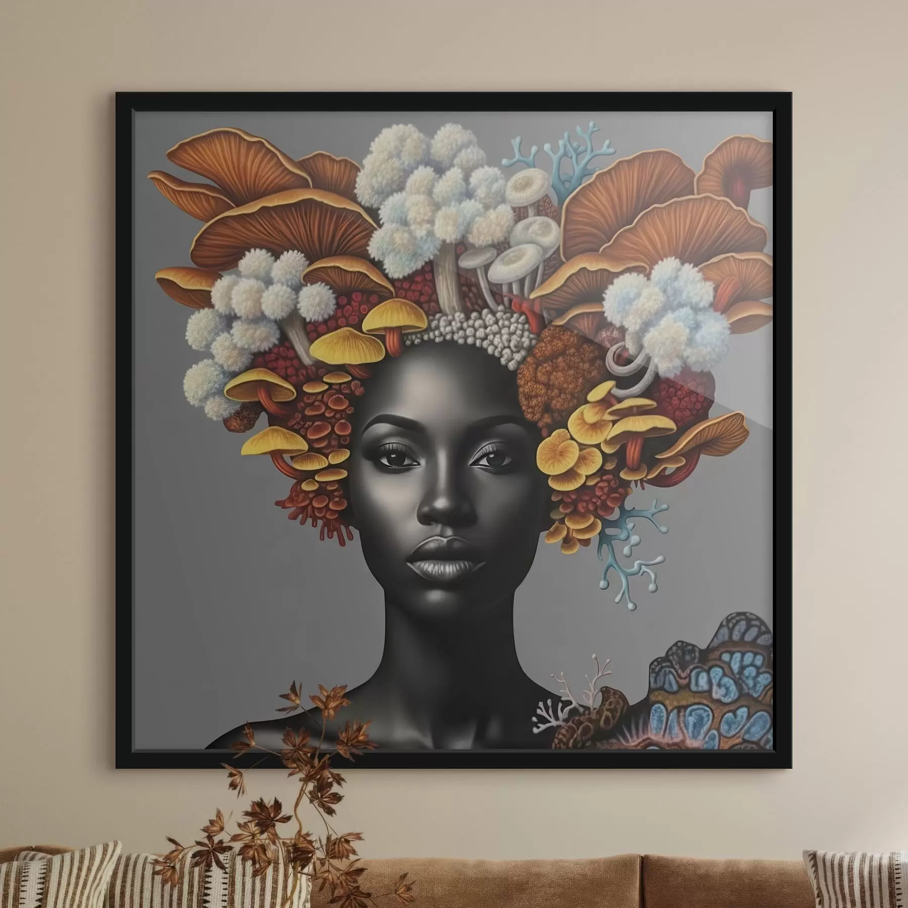 Fotobehang Portret van een vrouw met paddenstoelen f47788