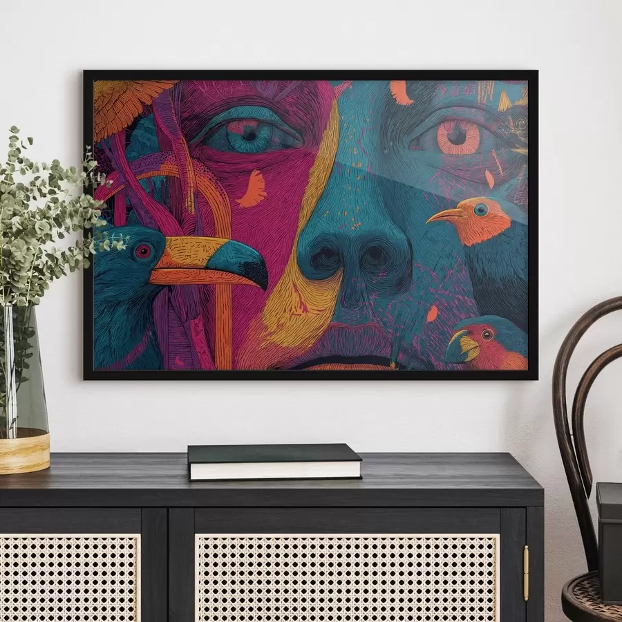 Fotobehang Psychedelisch portret met vogels f47789