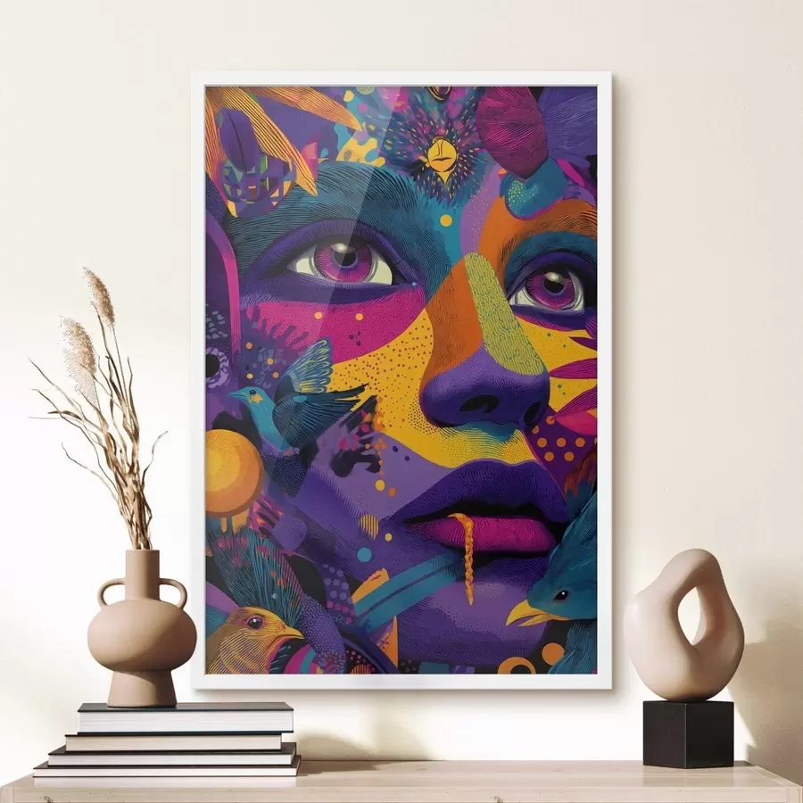 Fotobehang Psychedelisch portret met vogels f47790