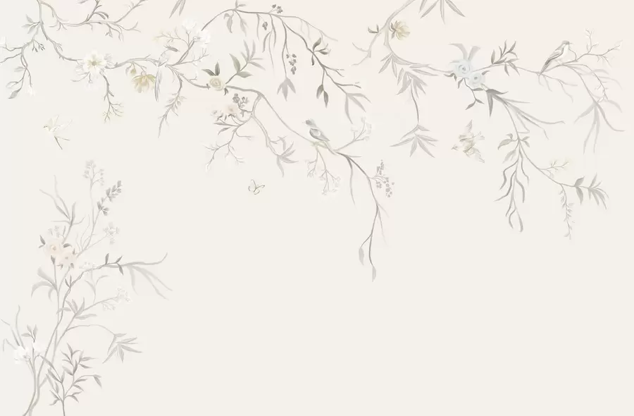 Fotobehang Delicate bloemen en vogels op een krijtkleurige achtergrond w05127