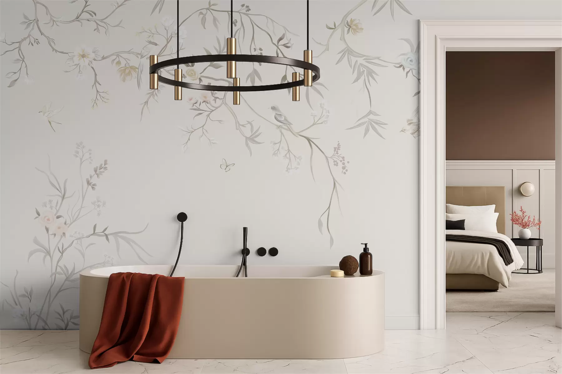 Fotobehang Delicate bloemen en vogels op een krijtkleurige achtergrond w05127