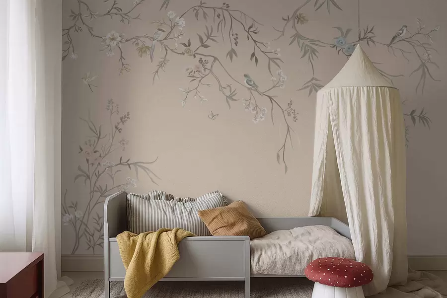 Fotobehang Bloemtakken met vogels op een warme beige achtergrond w05127v1