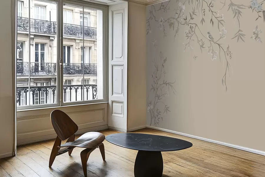 Fotobehang Bloemtakken met vogels op een warme beige achtergrond w05127v1