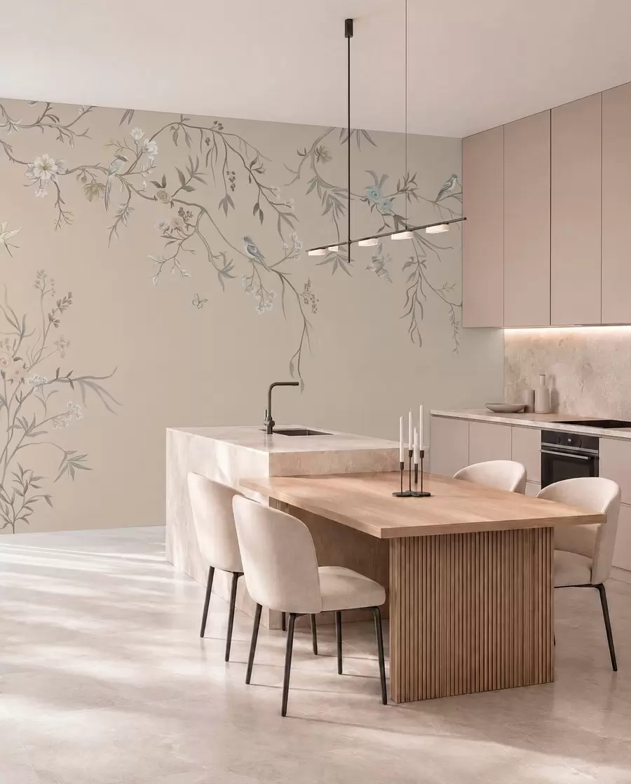 Fotobehang Bloemtakken met vogels op een warme beige achtergrond w05127v1