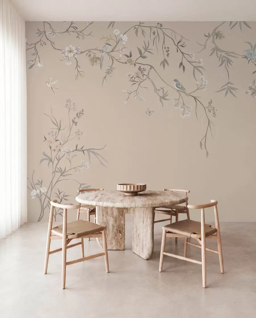 Fotobehang Bloemtakken met vogels op een warme beige achtergrond w05127v1
