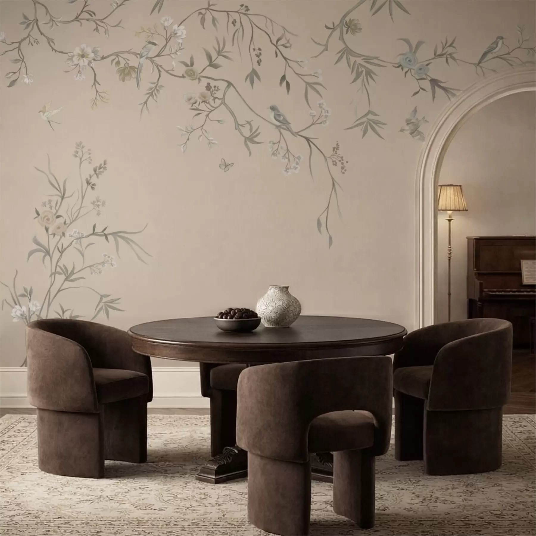 Fotobehang Bloemtakken met vogels op een warme beige achtergrond w05127v1
