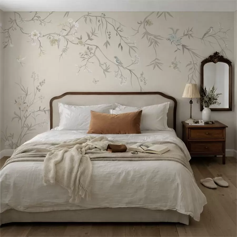 Fotobehang Lichte bloemen en vogels op een pastelkleurige achtergrond w05127v2