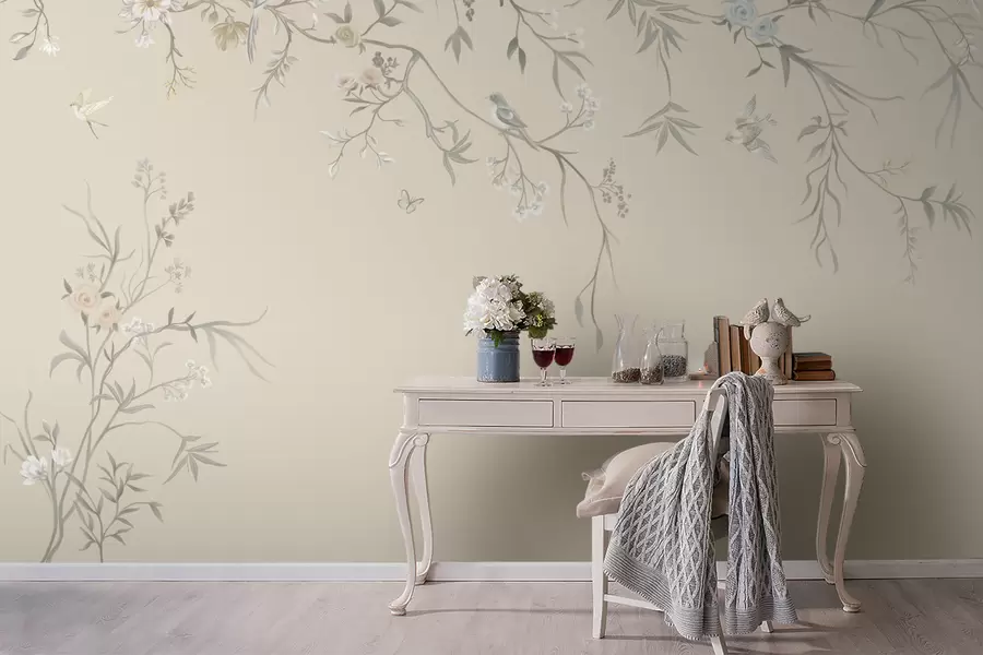 Fotobehang Lichte bloemen en vogels op een pastelkleurige achtergrond w05127v2