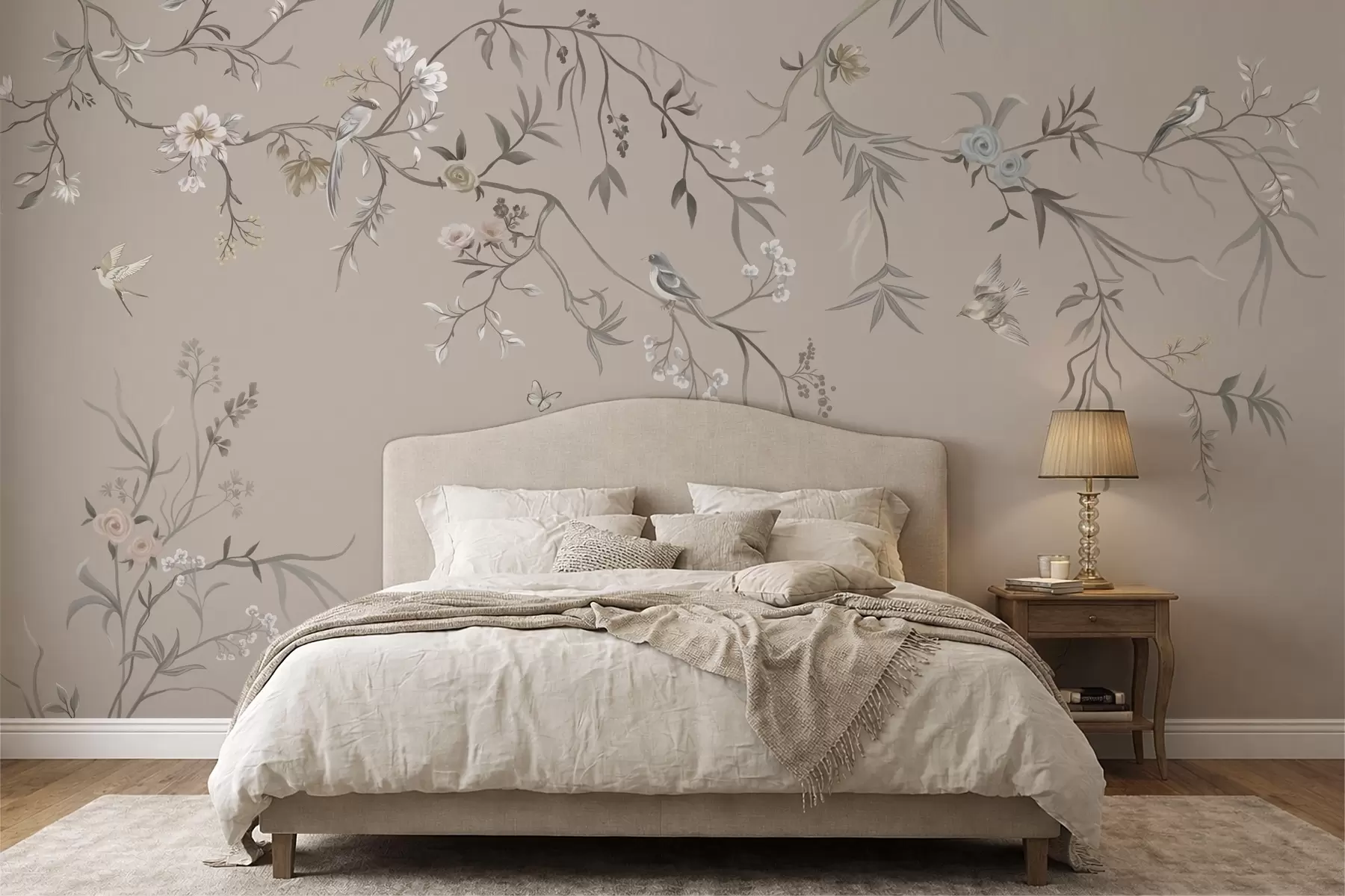 Fotobehang Bloemenornament met vogels op neutrale achtergrond w05127v3
