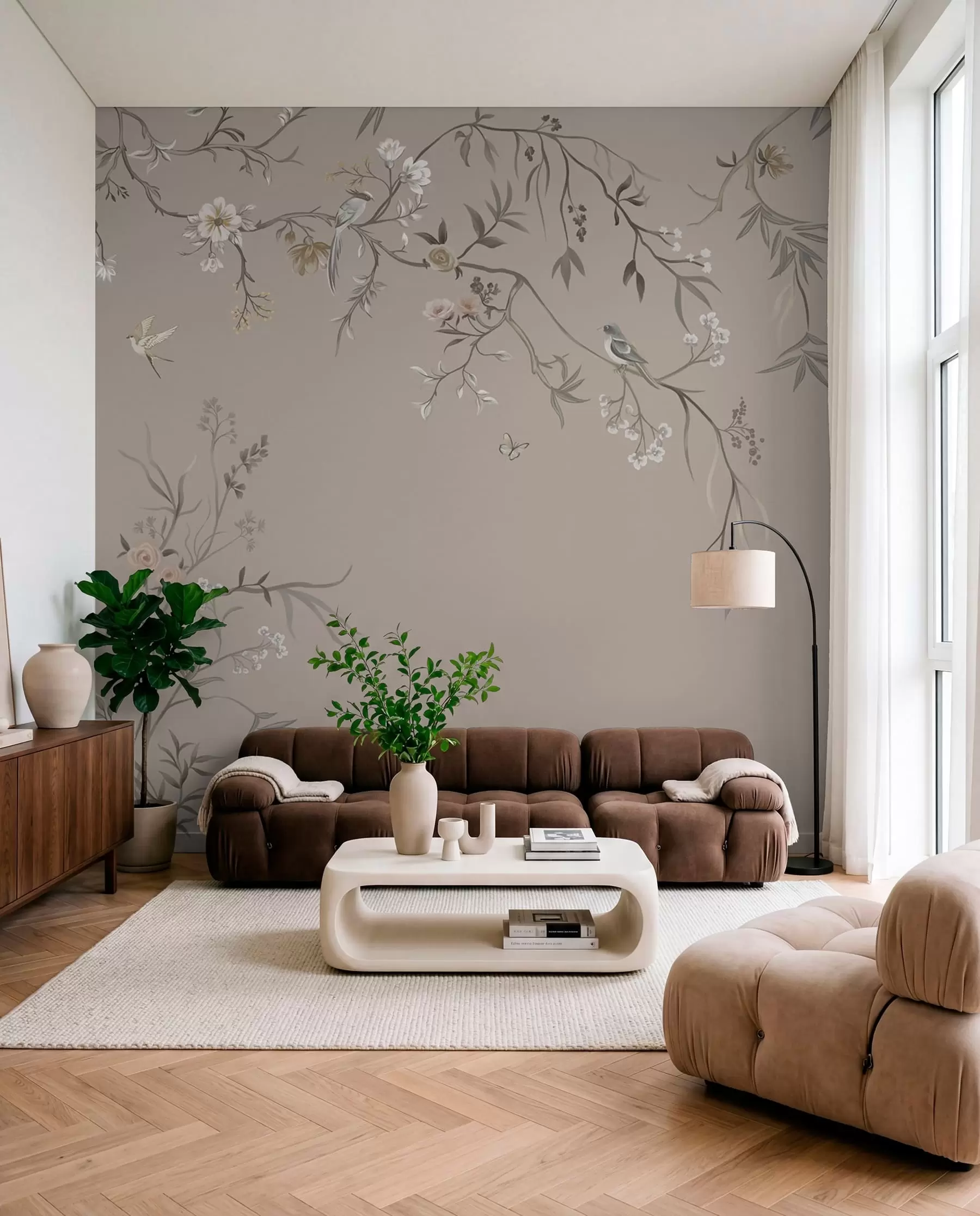 Fotobehang Takken en vogels op taupe w05127v3
