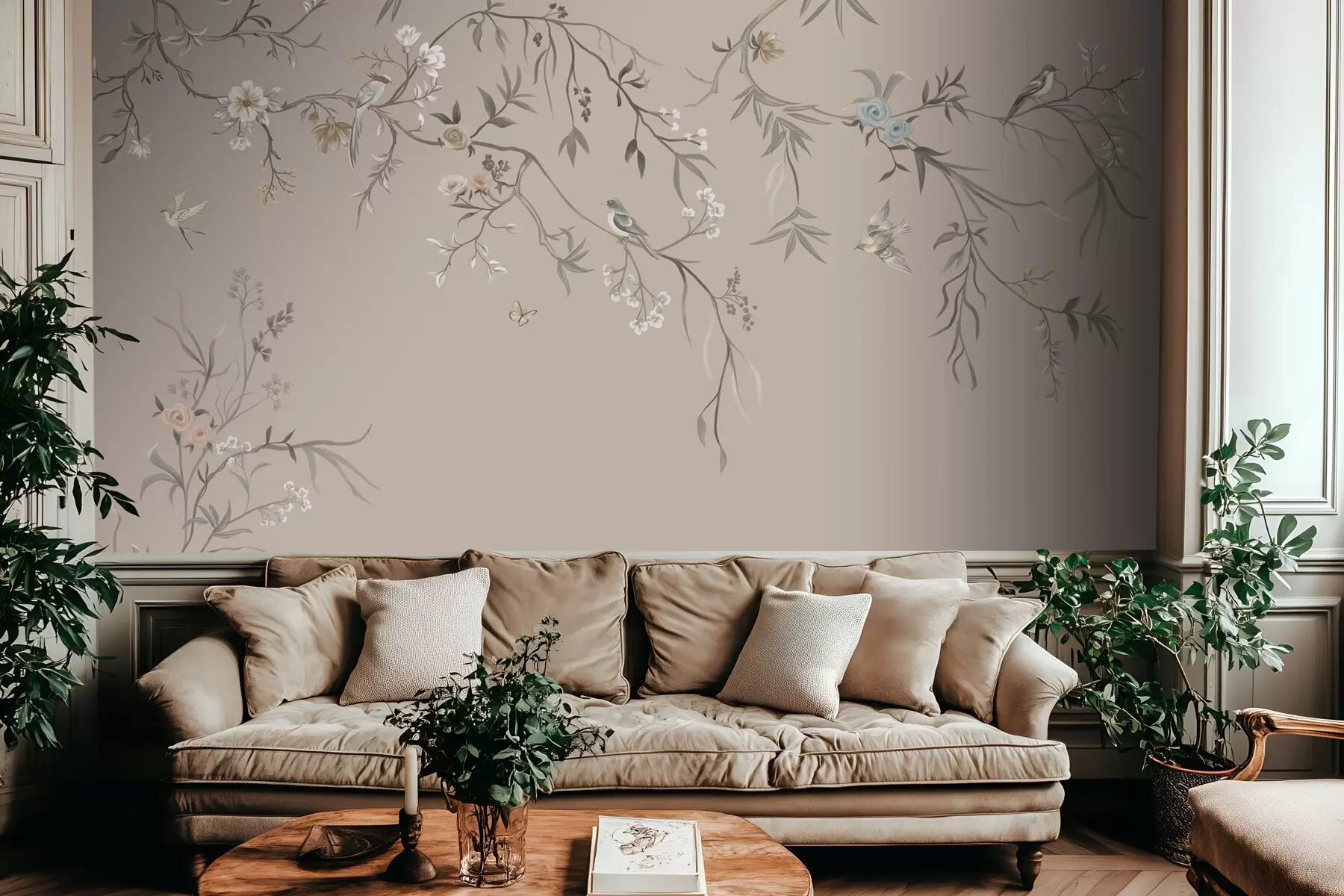 Fotobehang Bloemenornament met vogels op neutrale achtergrond w05127v3