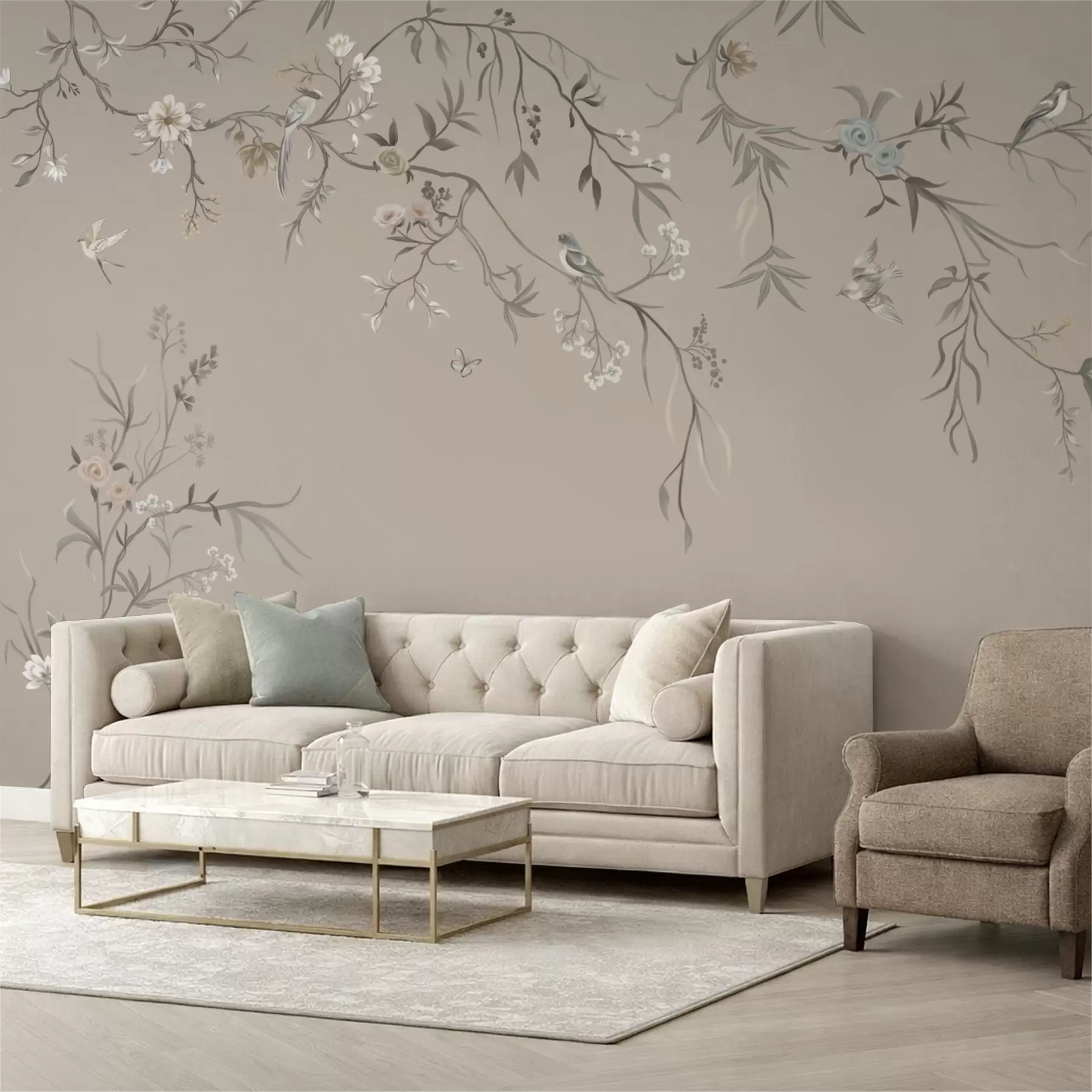 Fotobehang Bloemenornament met vogels op neutrale achtergrond w05127v3