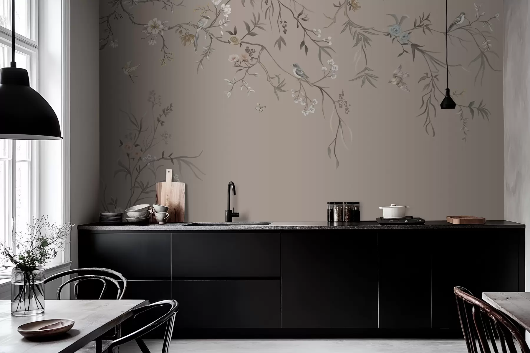 Fotobehang Bloemenornament met vogels op neutrale achtergrond w05127v3