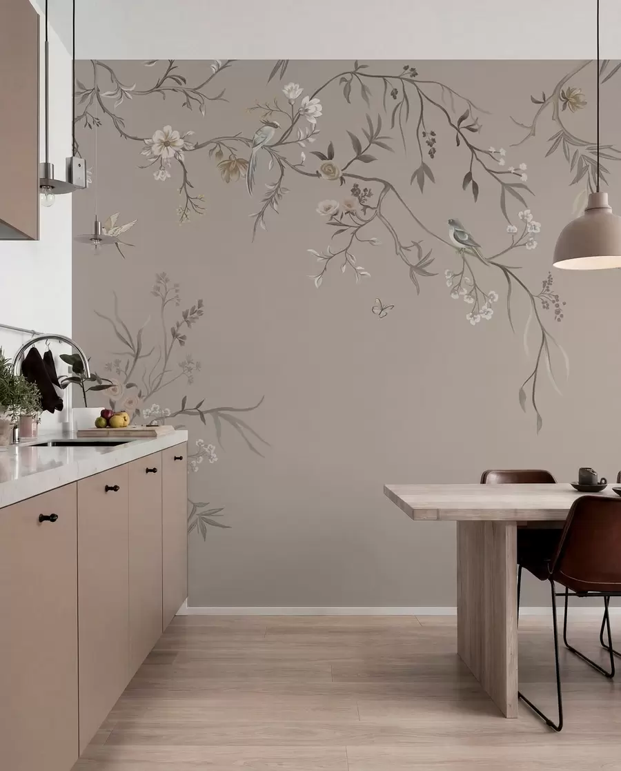 Fotobehang Bloemenornament met vogels op neutrale achtergrond w05127v3