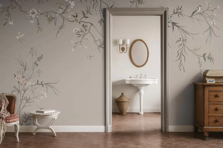 Fotobehang Bloemenornament met vogels op neutrale achtergrond w05127v3