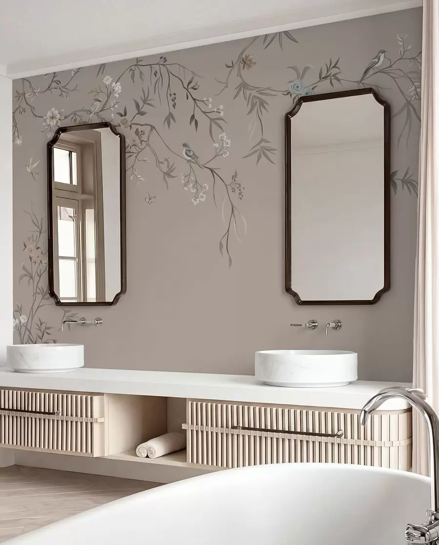 Fotobehang Bloemenornament met vogels op neutrale achtergrond w05127v3