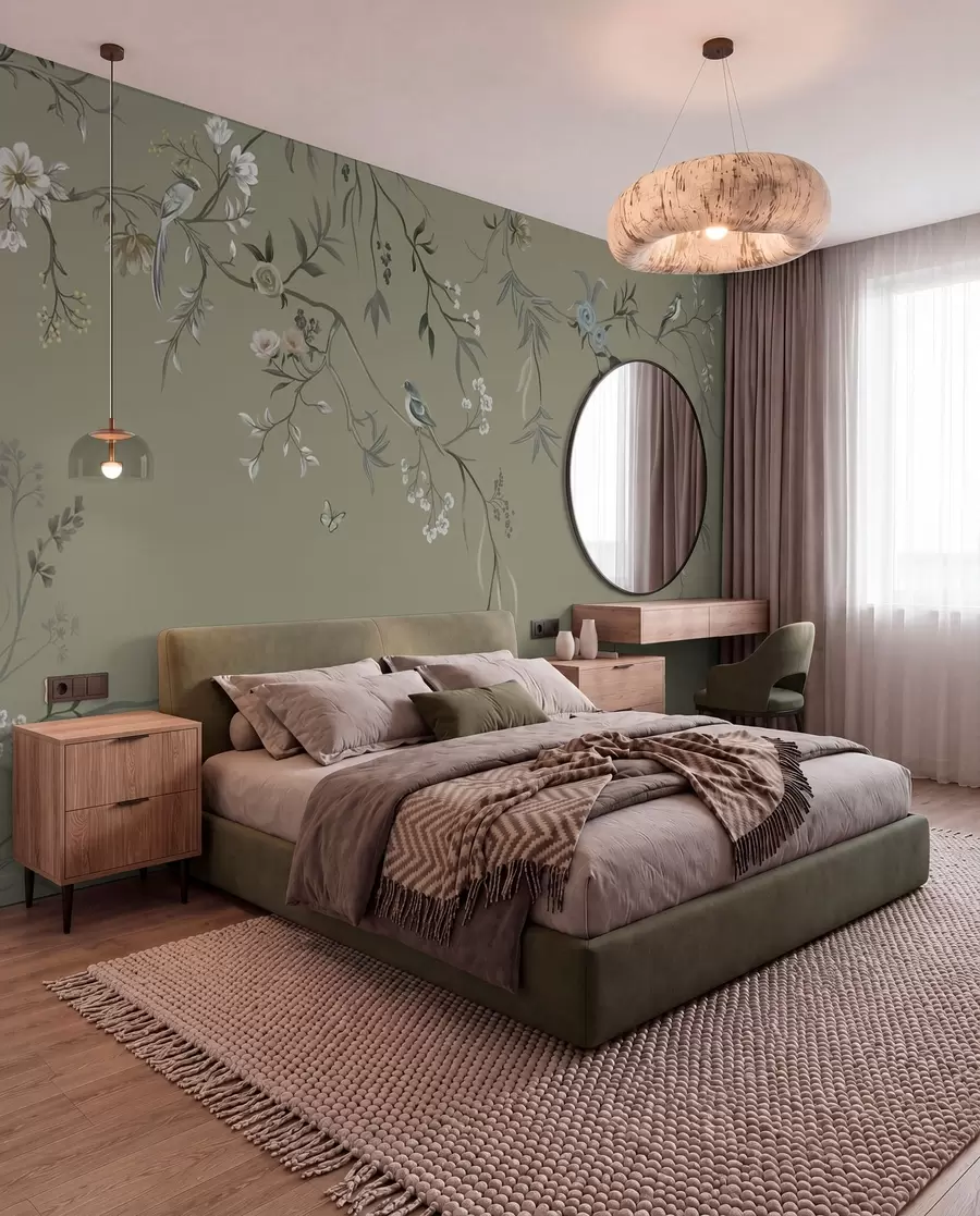 Fotobehang Bloemmotief met vogels op grijze achtergrond w05127v4