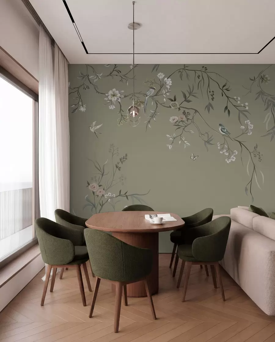Fotobehang Bloemmotief met vogels op grijze achtergrond w05127v4