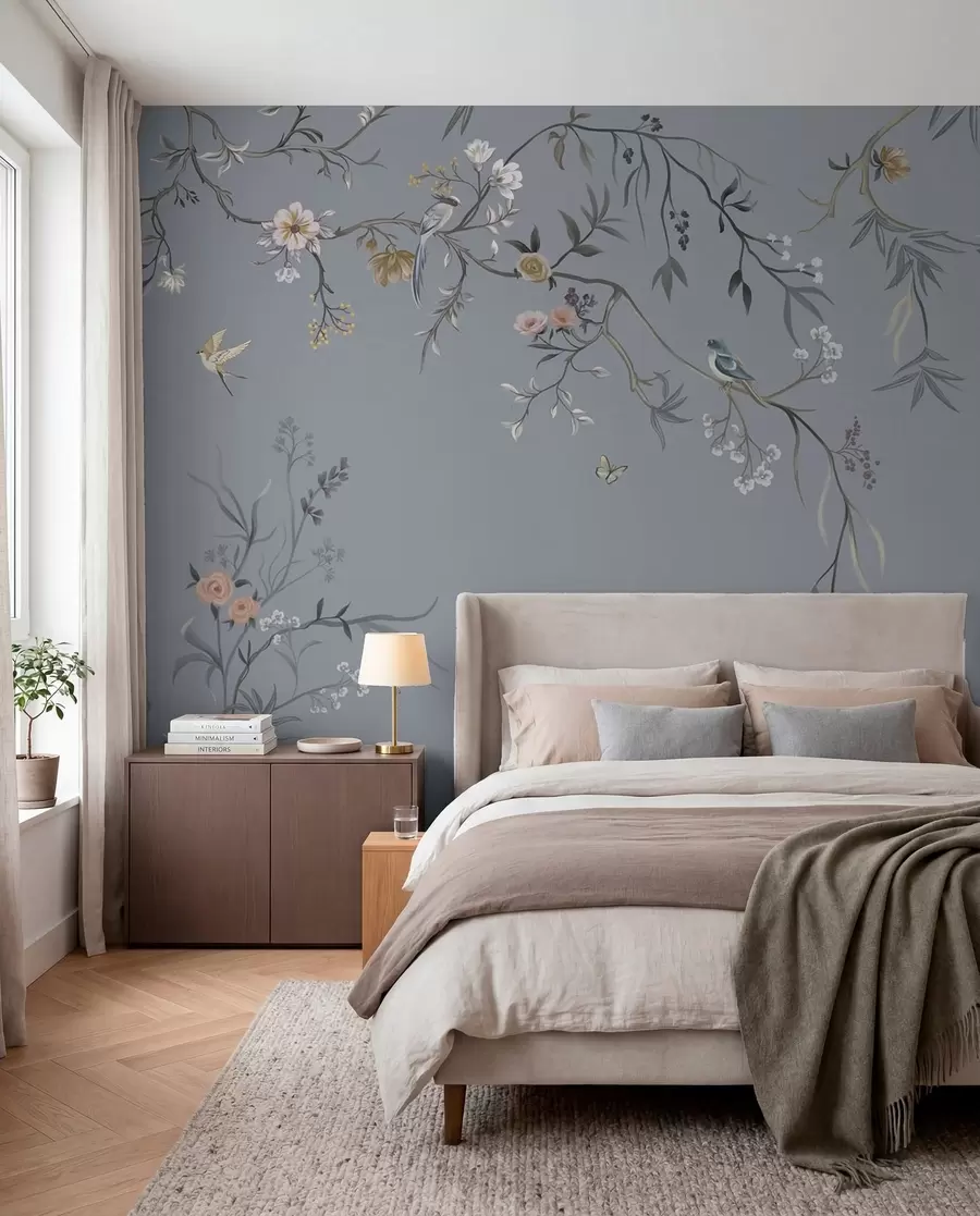 Fotobehang Bloemtakken met vogels op groenachtige achtergrond w05127v5