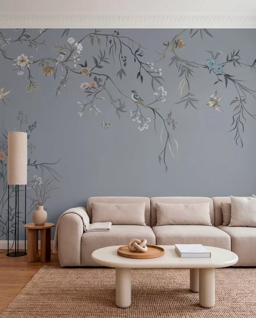Fotobehang Takken en vogels op leigrijs w05127v5
