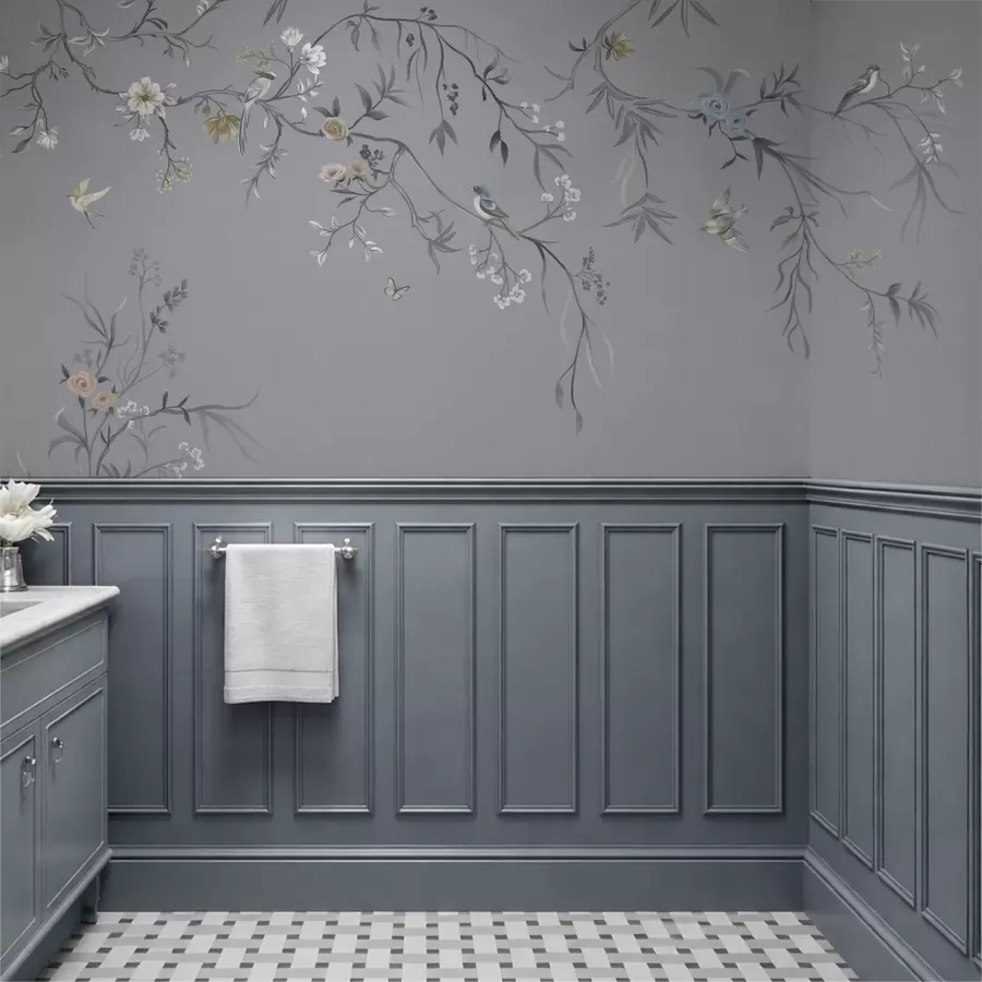 Fotobehang Bloemtakken met vogels op groenachtige achtergrond w05127v5