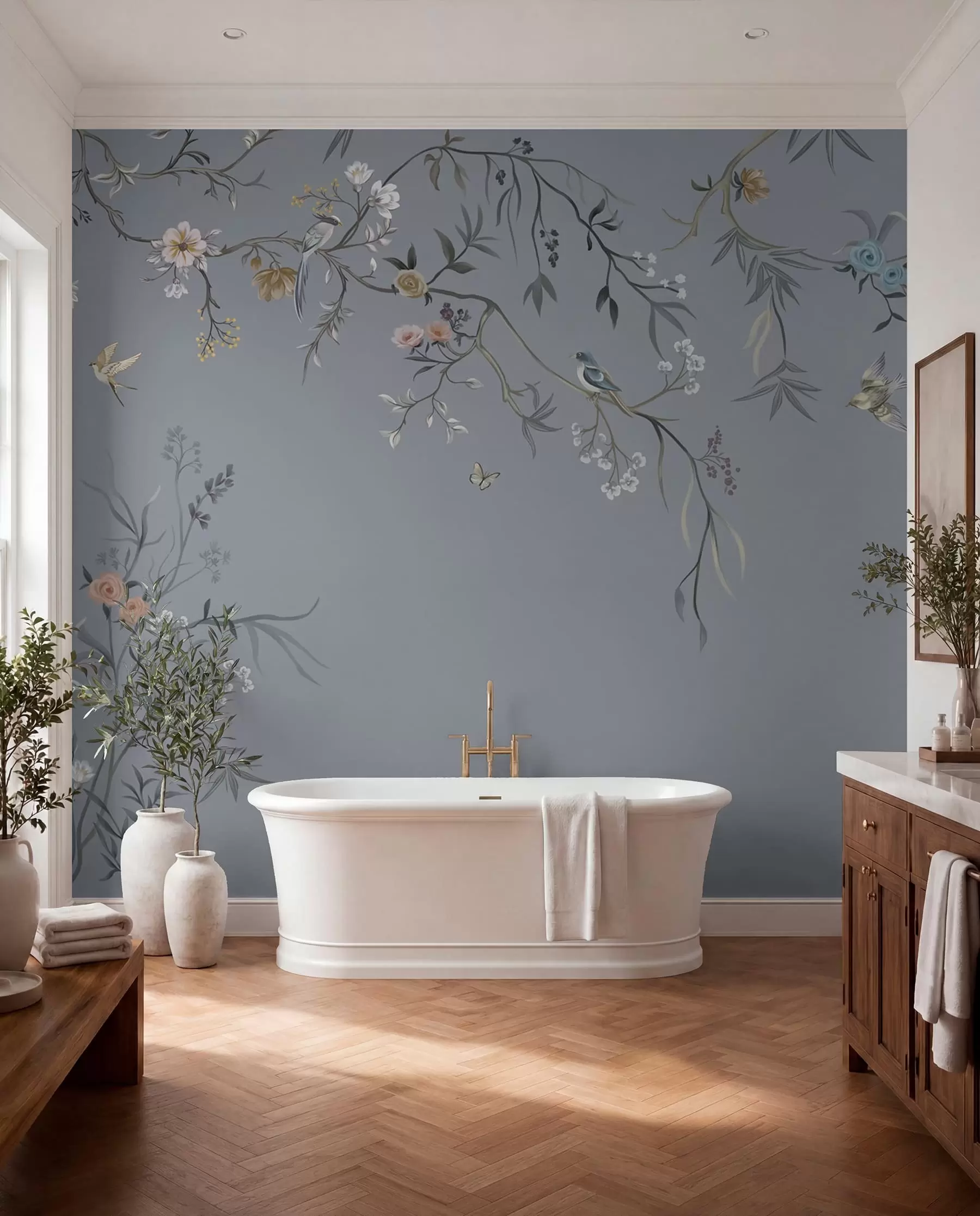 Fotobehang Bloemtakken met vogels op groenachtige achtergrond w05127v5