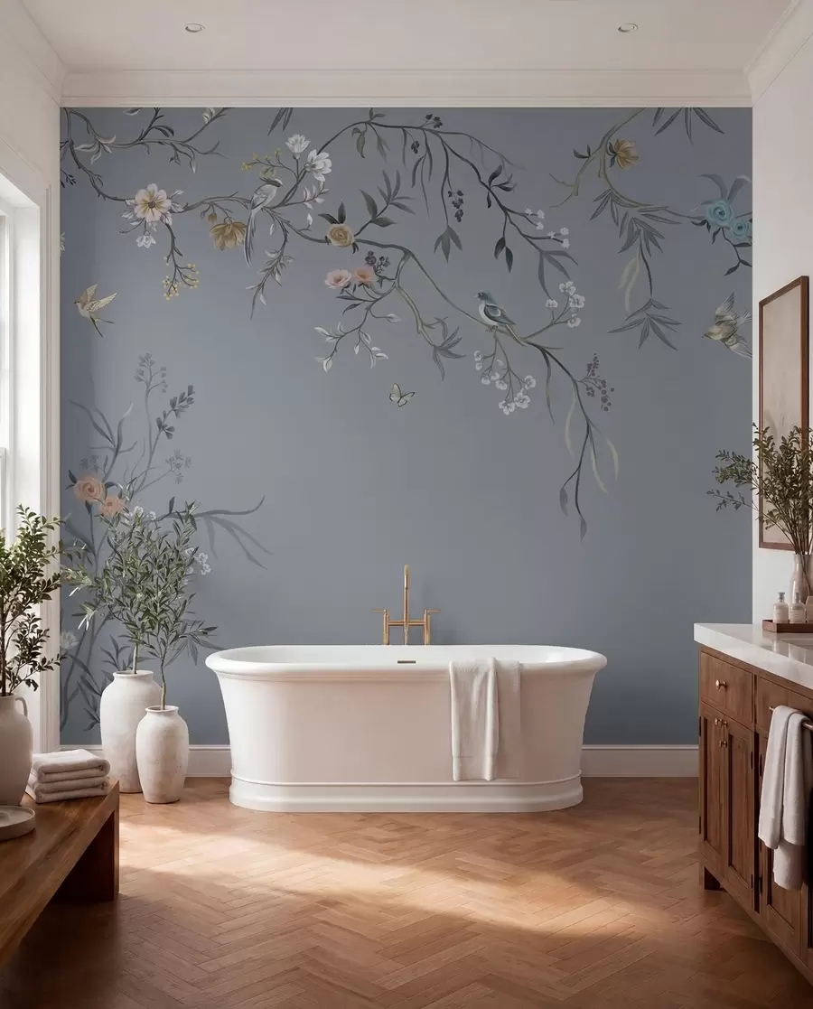 Fotobehang Bloemtakken met vogels op groenachtige achtergrond w05127v5