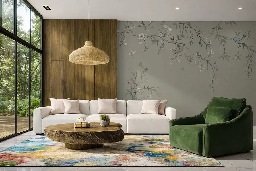 Fotobehang Bloemenpatroon met vogels op een koele achtergrond w05127v6