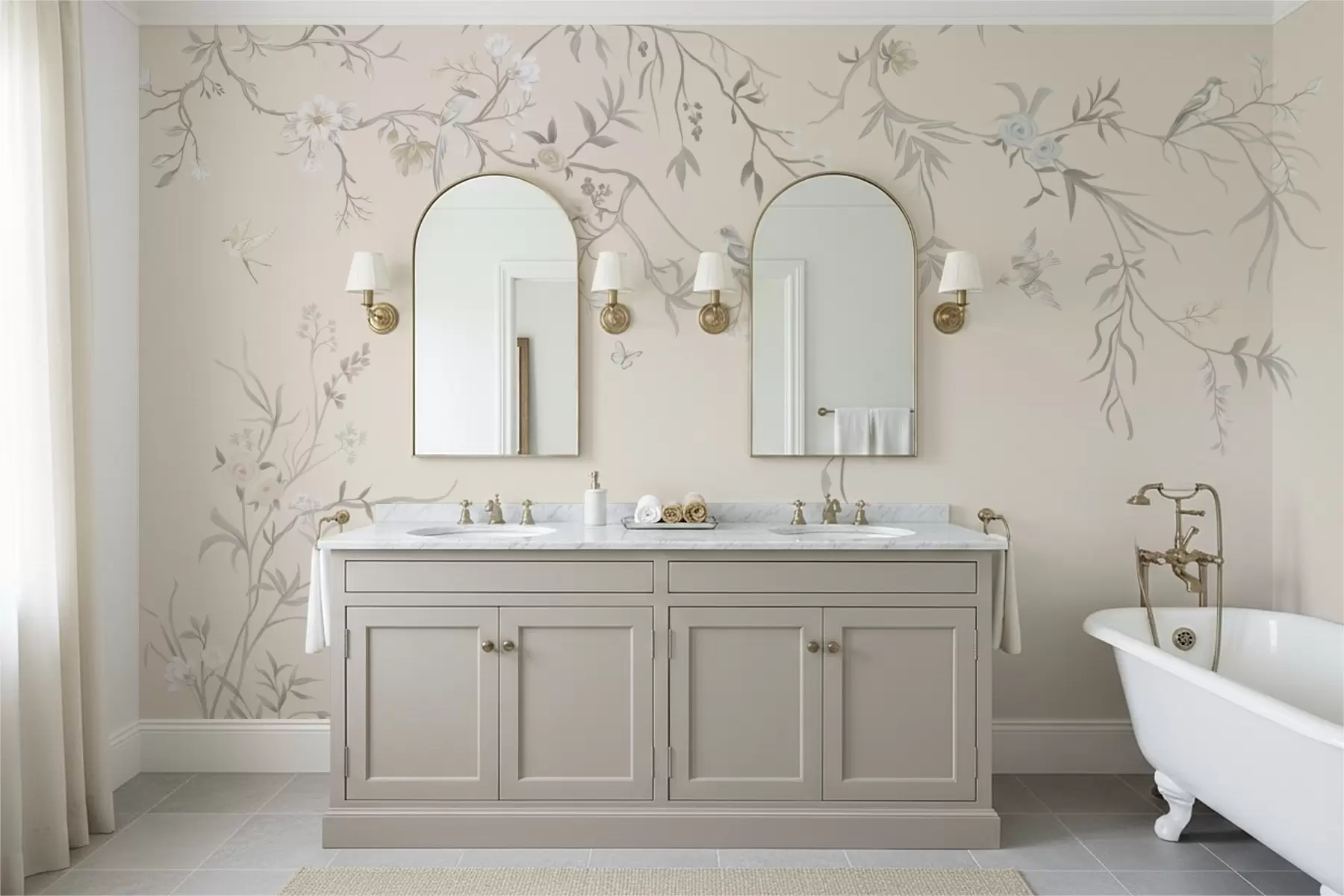 Fotobehang Bloemtakken met vogels op een lichte achtergrond w05127v7