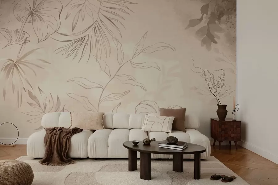 Fotobehang Lineaire planten op een gestructureerde beige achtergrond w05128