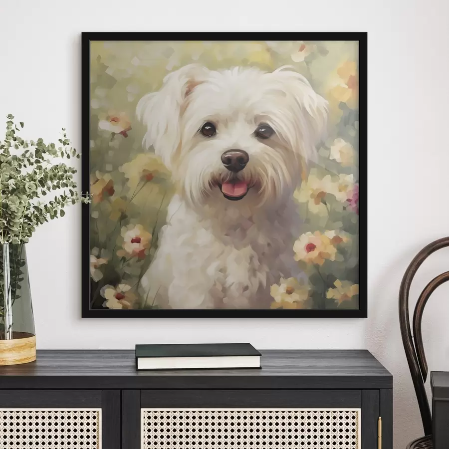 Fotobehang Kleine hond in bloemen f47811