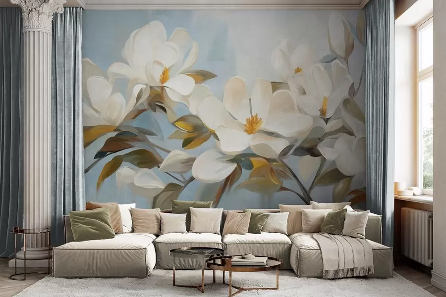 Fotobehang Witte magnolia's met groene bladeren op een lichtblauwe achtergrond met abstracte penseelstreken imitatie w09478