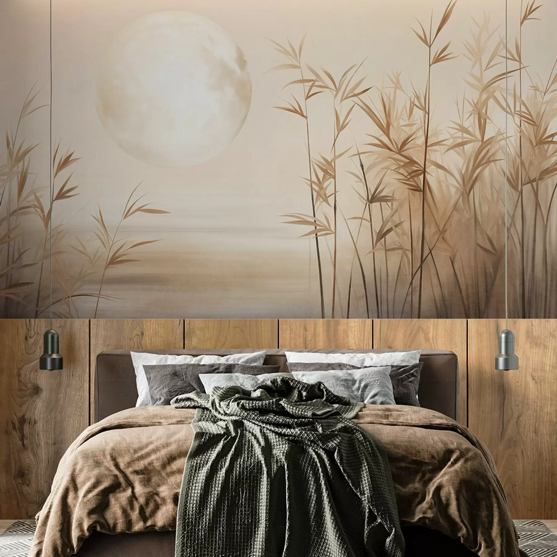 Fotobehang Getextureerd landschap met hoog riet, een meer en een bleke maan aan een nevelige hemel w09631