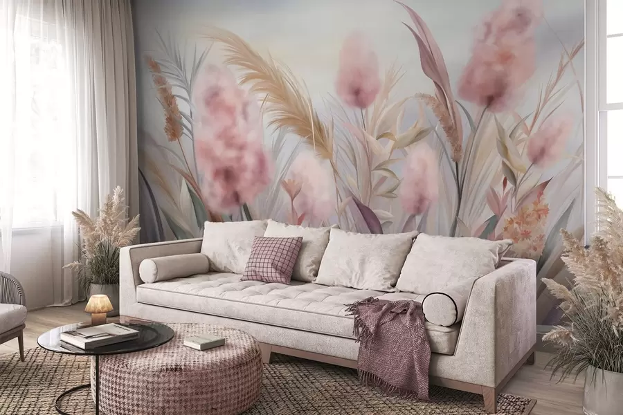 Fotobehang Roze en beige pampagras en andere gedroogde bloemen met een zachte, wazige lucht op de achtergrond w09635