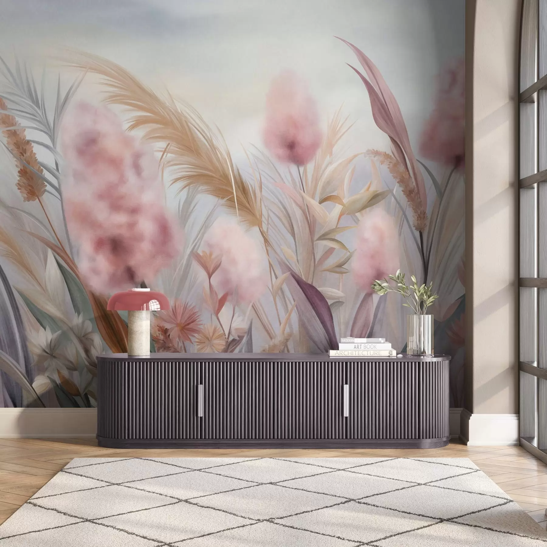 Fotobehang Roze en beige pampagras en andere gedroogde bloemen met een zachte, wazige lucht op de achtergrond w09635