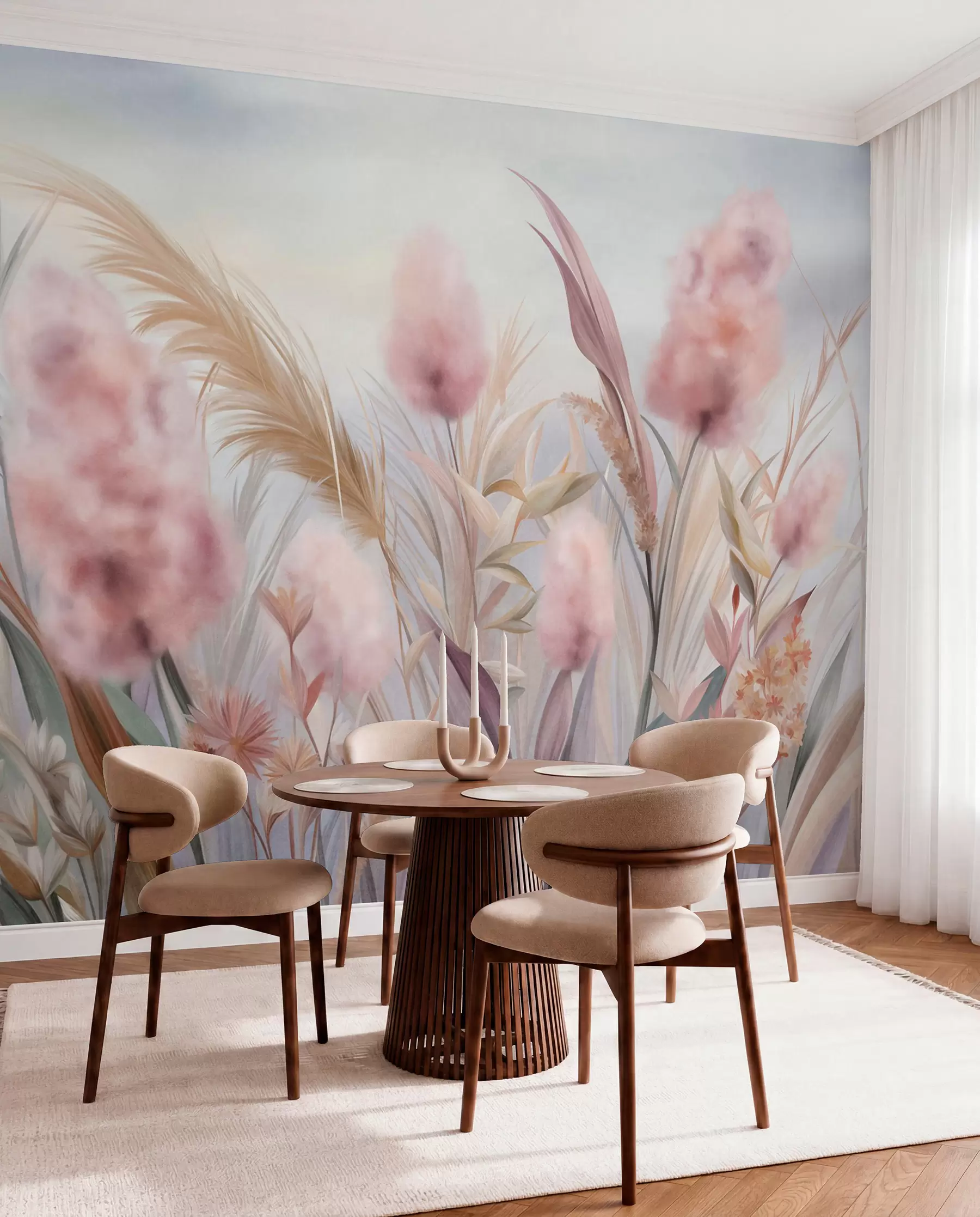 Fotobehang Roze en beige pampagras en andere gedroogde bloemen met een zachte, wazige lucht op de achtergrond w09635