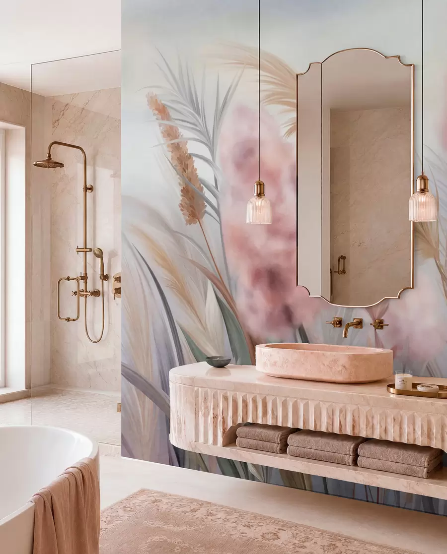 Fotobehang Roze en beige pampagras en andere gedroogde bloemen met een zachte, wazige lucht op de achtergrond w09635