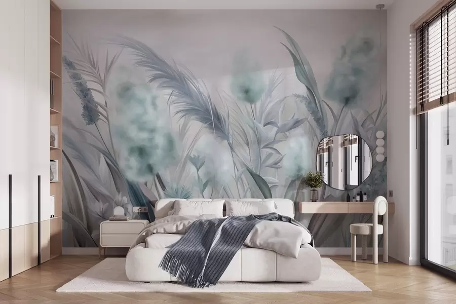 Fotobehang Blauw en grijs pampagras en andere gedroogde bloemen met een zachte, nevelige lucht op de achtergrond w09635v1