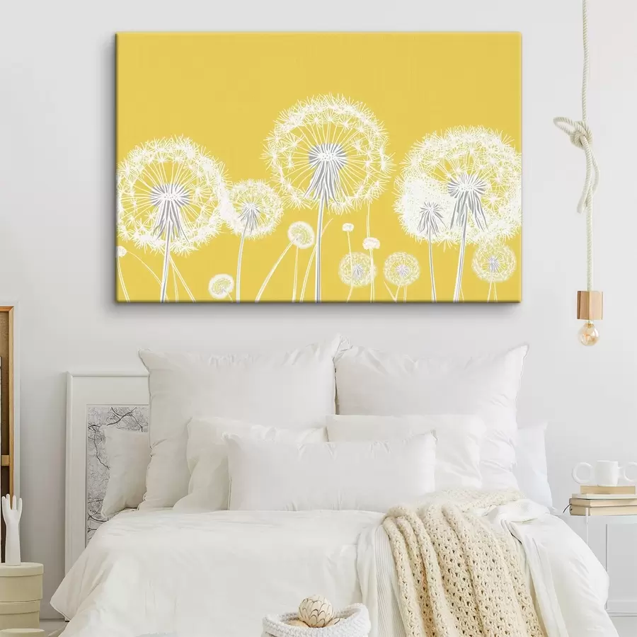  Schilderijen Witte paardenbloemen op een gele achtergrond s47890