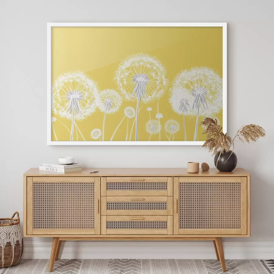Fotobehang Witte paardenbloemen op een gele achtergrond f47890