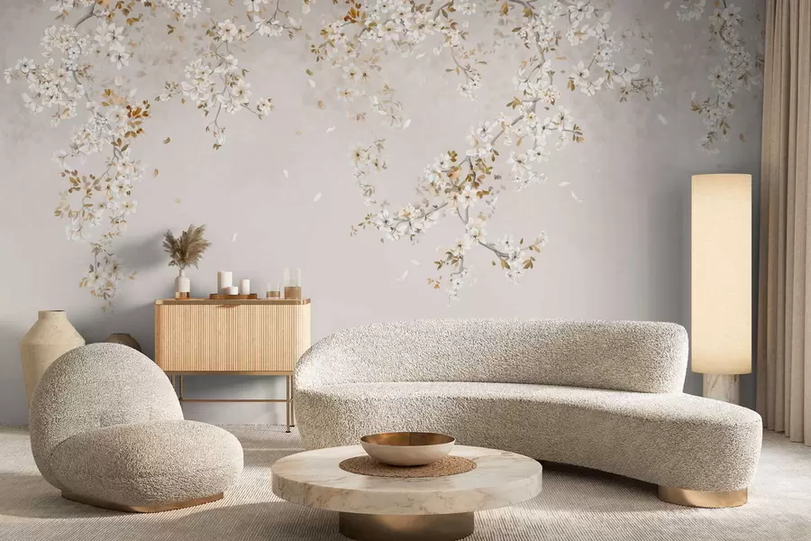 Fotobehang Takken met witte bloesems op een zachte beige achtergrond w05129