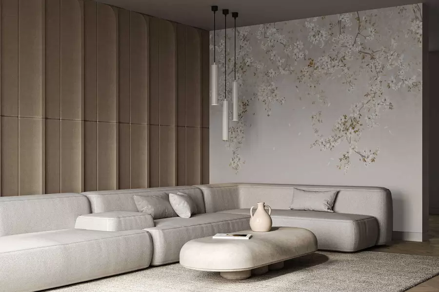 Fotobehang Takken met witte bloesems op een zachte beige achtergrond w05129