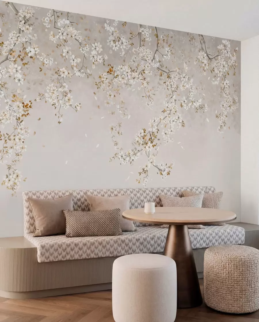 Fotobehang Takken met witte bloesems op een zachte beige achtergrond w05129